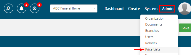 Price Lists under Admin tab dropdown