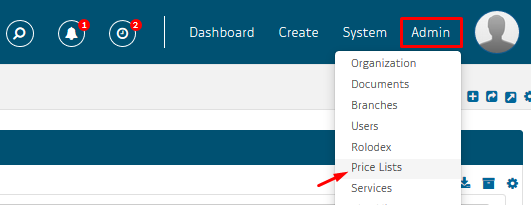 select Price Lists from Admin tab dropdown