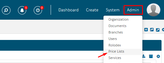 Price Lists under Admin tab dropdown