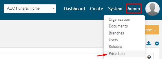 Price Lists under Admin drop-down
