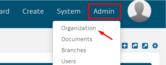 Organization under Admin tab dropdown