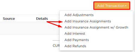 Add Transaction button drop-down options