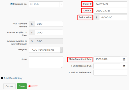 Insurance policy and claim fields