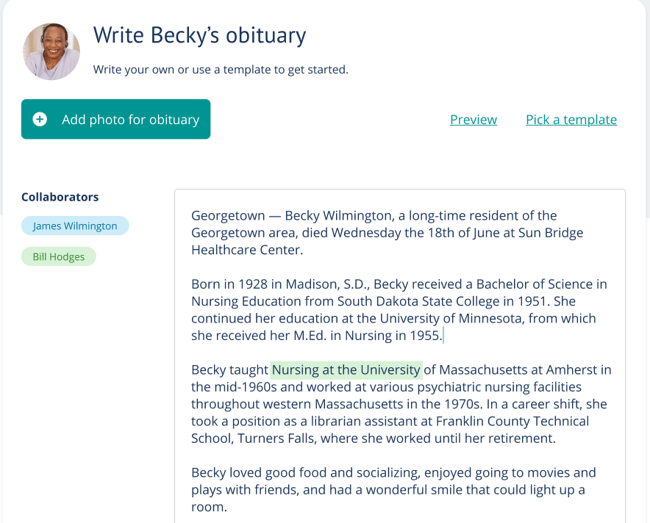 Obituary screen