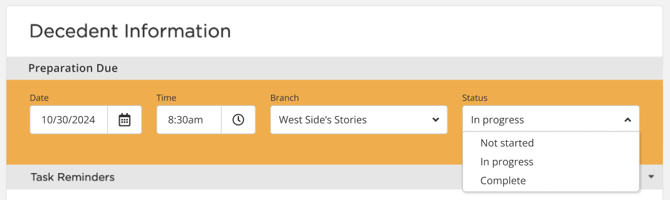 Preparation due section with open status dropdown