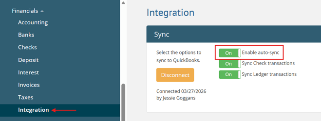 Financials > Integration page with Enable auto-sync toggled on