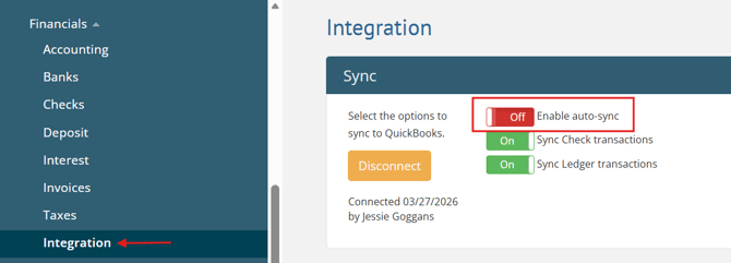 Financials > Integration page with Enable auto-sync toggle off
