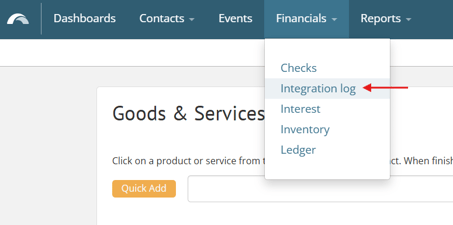 Financials > Integration log in top navigation
