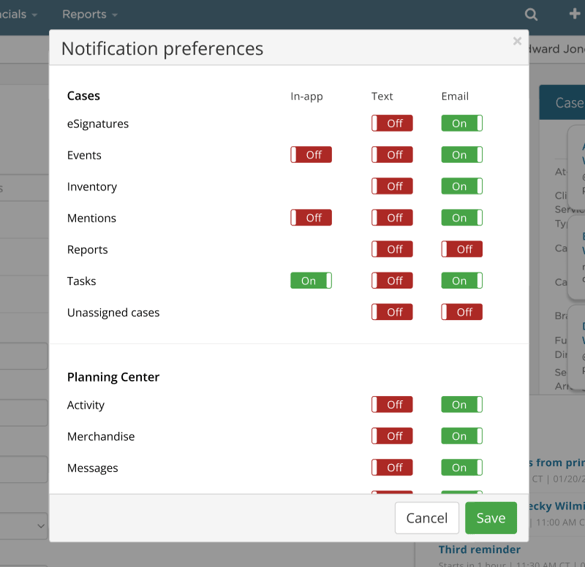 Notification preferences modal