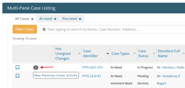 Planning Center notification on Case Listing