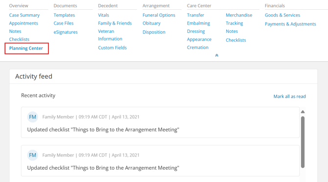 Planning Center activity section inside the case