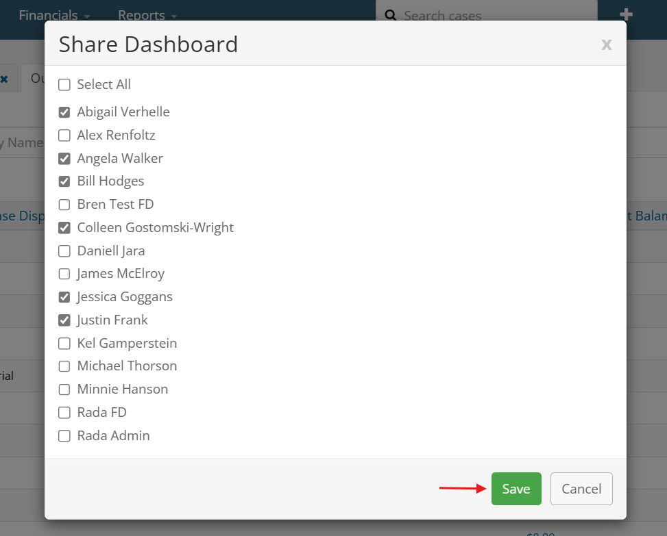 Share dashboard user list