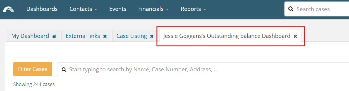 Dashboard tab with the name "Jessie Goggans's Outstanding balance Dashboard"