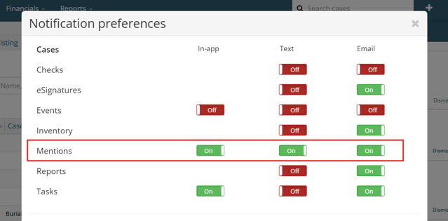 Notification preferences modal showing Mentions setting