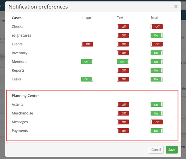Preferences modal with Planning Center toggles
