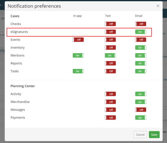 Notification preferences showing eSignatures settings