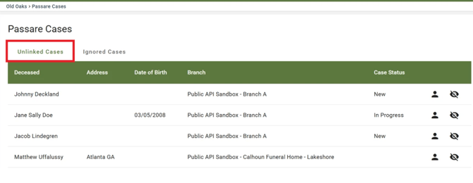 The Passare Cases screen in webCemeteries lists all Passare cases that are not yet linked to a deceased record.