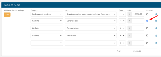 If you would like the item to appear as "included", instead of its price, select the checkbox under Included.