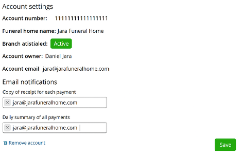 Account settings showing an active branch with a remove account link