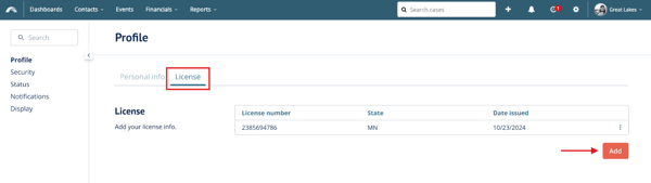 Profile > License page with arrow pointing to Add button
