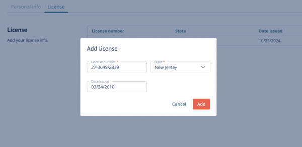Add license modal