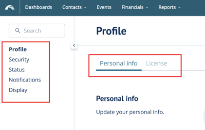 Profile menus on left sidebar and top