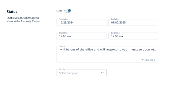 Profile > Status page with Planning Center status fields