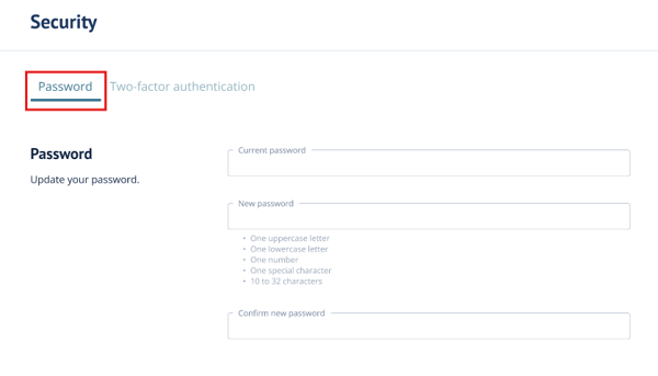 Profile > Security > Password page