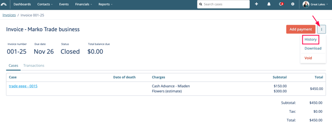 Open an invoice&nbsp; >&nbsp; see&nbsp;more options under&nbsp;the ellipses menu&nbsp; >&nbsp; History