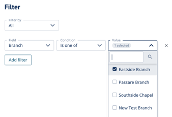 To filter, select a field&nbsp; > &nbsp;a condition &nbsp;> &nbsp;select or enter a value