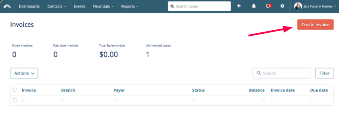 To create a new invoice, we go to the Invoices page > Create invoices button