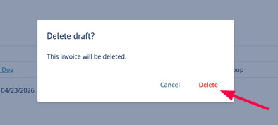 Delete draft invoice confirmation message. Delete button with red arrow pointing to it