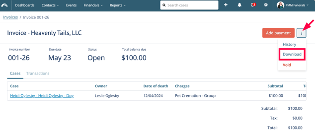 You can also download invoices directly from an&nbsp;open invoice&nbsp; >&nbsp; ellipses&nbsp; >&nbsp; Download