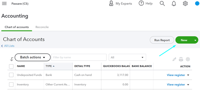 New button in QuickBooks