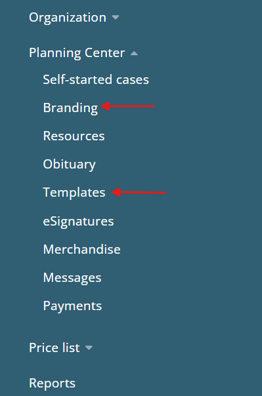 Admin Settings sidebar showing Planning Center > Branding and Templates pages