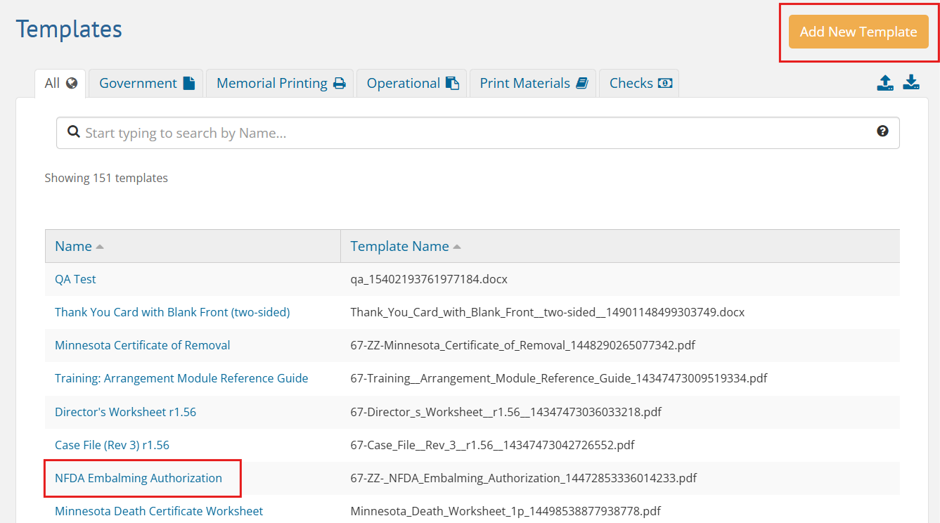 Settings > Documents > Templates page showing Add New Template button and list of documents