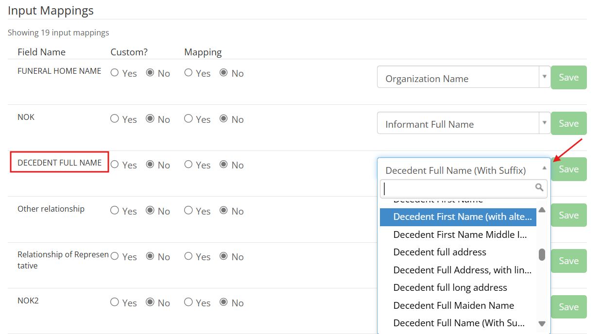 Document settings showing list of tags and mapping options