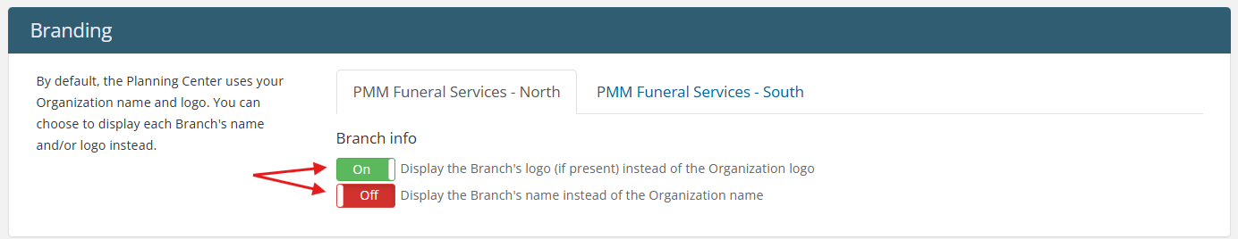 Branding section with Branch info toggles