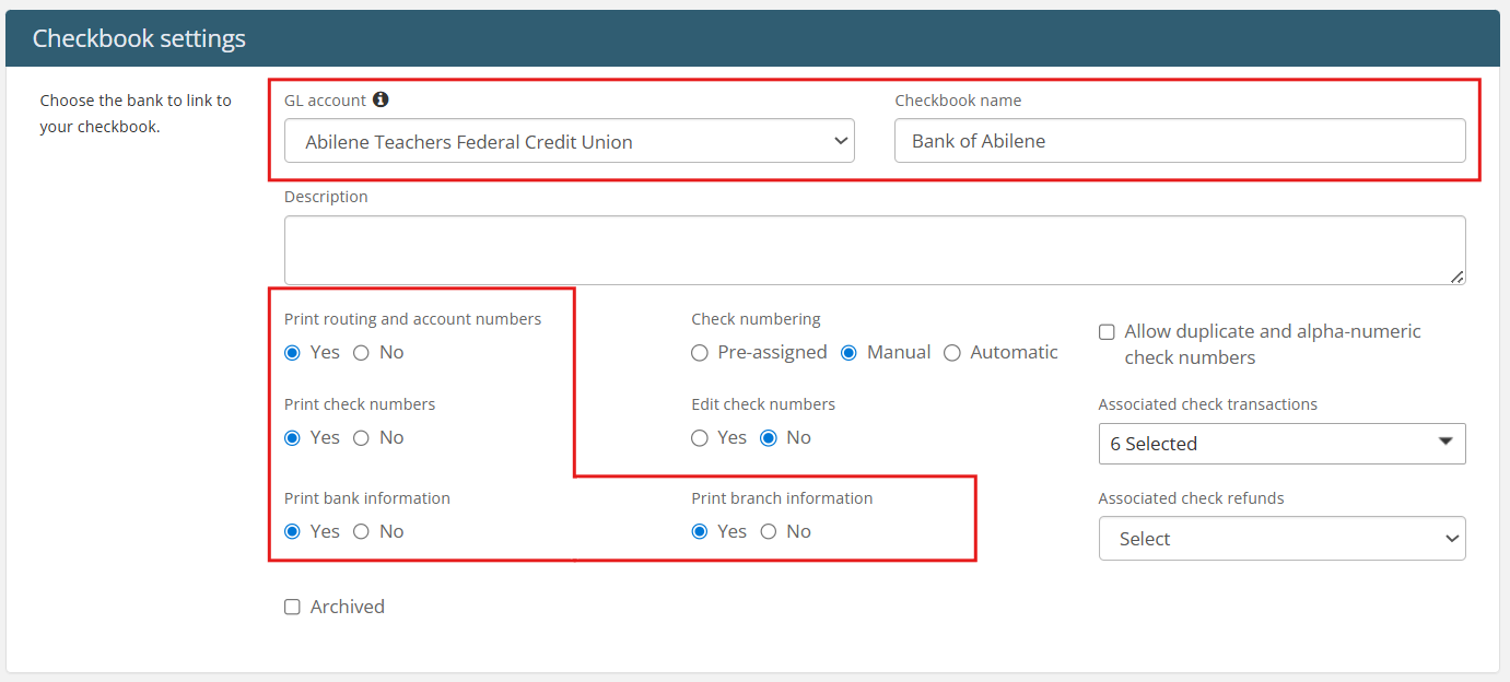 Checkbook settings with red boxes around GL account, Checkbook name, and print settings