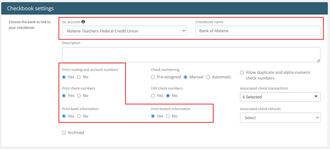 Checkbook settings with red boxes around GL account, Checkbook name, and print settings