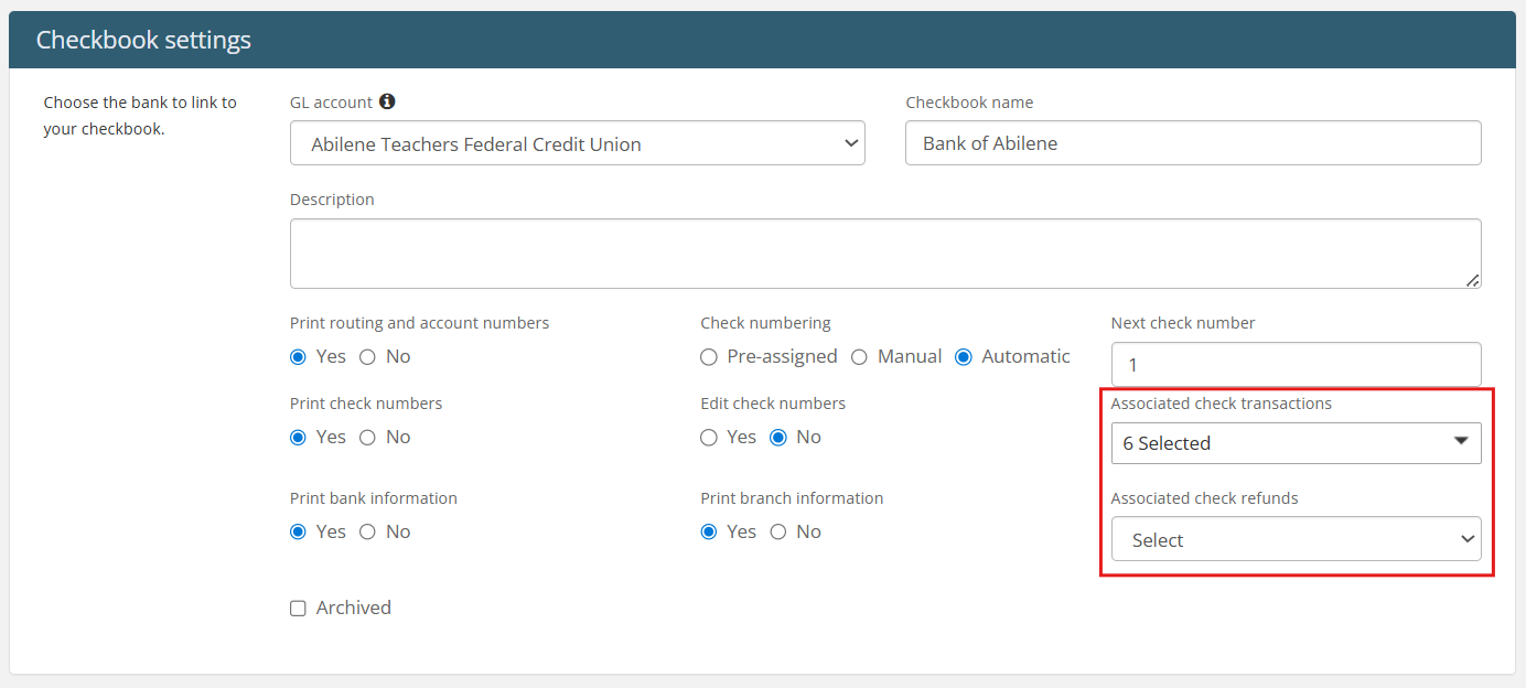 Checkbook settings with red box around Associated check transactions and Associated check refunds fields