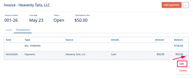 To edit payments, start from Invoices&nbsp; >&nbsp;open an invoice  Go to the&nbsp;Transactions tab&nbsp; > open the&nbsp;payment actions list &nbsp;>&nbsp; Edit