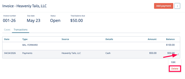 Go to Invoices&nbsp; >&nbsp; Transactions tab&nbsp;>&nbsp; open the ellipses menu&nbsp; >&nbsp; Delete