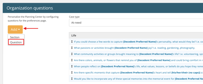Add > Question button