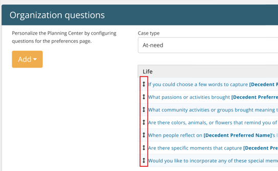 Arrow icons for rearranging order of questions