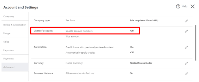 Enable account numbers setting in QuickBooks