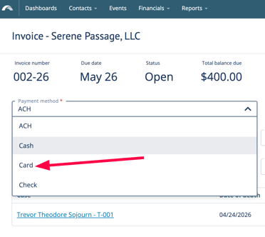 Add Payment screen. Payment type drop-down open with red arrow