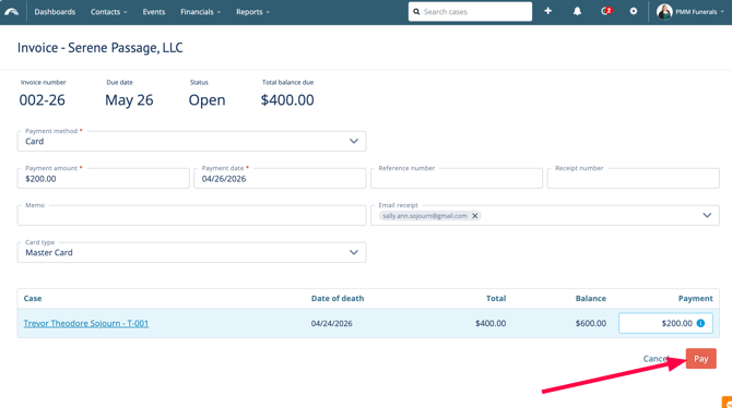Completed Add Payment screen with fields filled in and Pay button with red arrow pointing to it