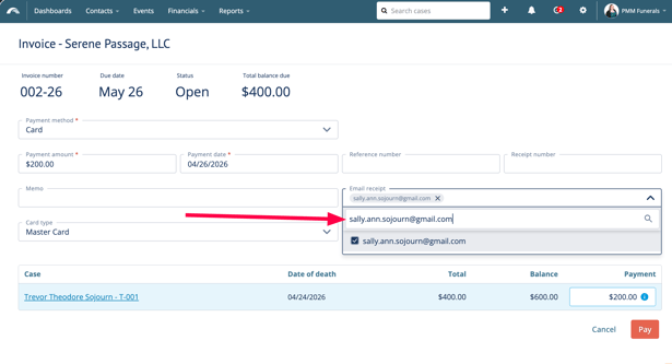 Email receipt add custom email address screen with red arrow