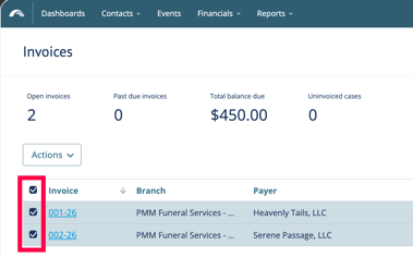 Checkmarked invoices on invoices page, with red rectangle around checkboxes